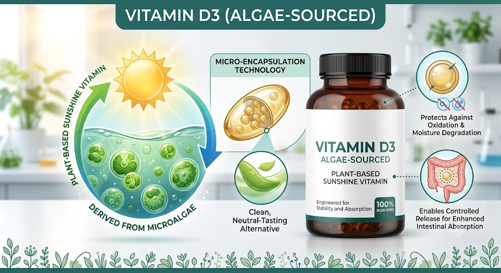 Algae-sourced Vitamin D3 stability and absorption infographic